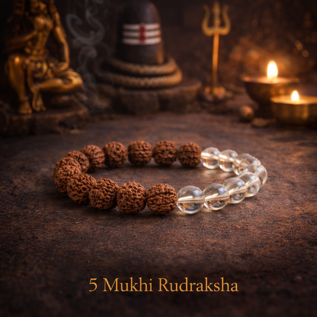 5 Mukhi Rudraksha Bracelet With White Crystals